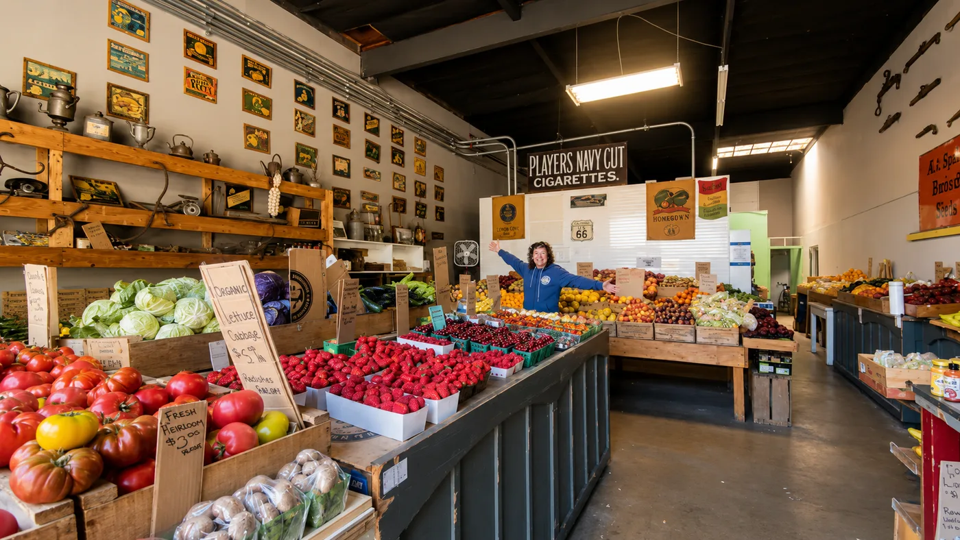 Inside The Fruit Stand: a family member welcoming customers, with bins of heirloom tomatoes, strawberries and fresh produce